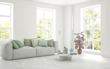 White living room with sofa and summer landscape in window. Scandinavian interior design. 3D illustration