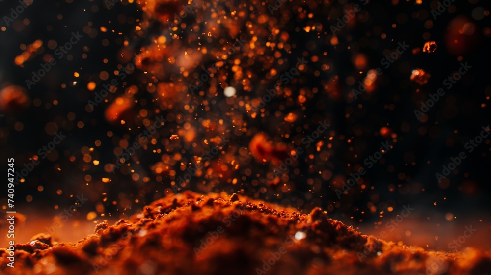 Poster a macro shot of paprika powder with particles suspended in the air, capturing the dynamic movement