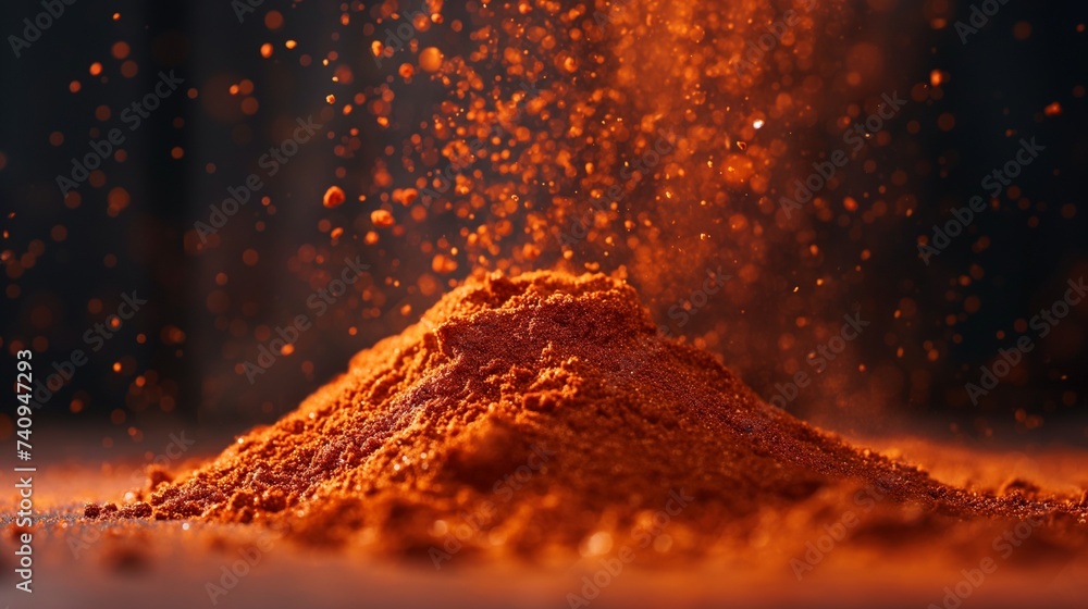 Poster a macro shot of paprika powder with particles suspended in the air, capturing the dynamic movement a