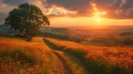 Naklejka na ściany i meble Idyllic rural landscape, Sunset from Birdlip hill Gloucestershire