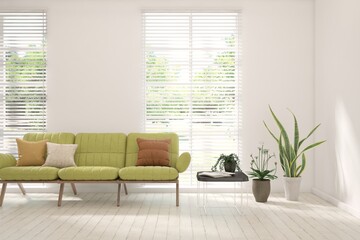 Contemporary classic white interior with furniture and decor and summer landscape in window. Scandinavian interior design. 3D illustration