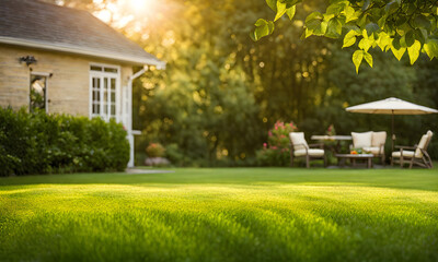 Backyard expanse, vibrant green neatly trimmed grass showcasing an area