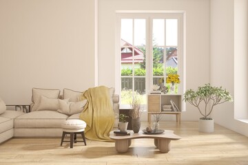 Contemporary classic white interior with furniture and decor and summer landscape in window. Scandinavian interior design. 3D illustration