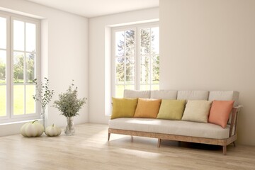 Fototapeta premium White living room with sofa and summer landscape in window. Scandinavian interior design. 3D illustration