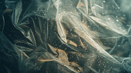 A macro shot of a plastic bag's texture, with droplets of water enhancing the depth and detail of the wrinkles. 8k