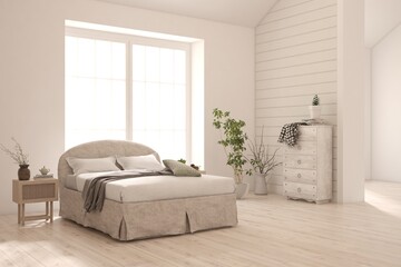 White bedroom concept. Scandinavian interior design. 3D illustration