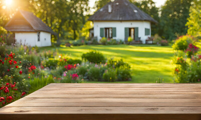 Fototapeta na wymiar An empty wooden table in the foreground, with a blurred country house in the background against a verdant garden setting