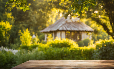 Naklejka premium An empty wooden table in the foreground, with a blurred country house in the background against a verdant garden setting