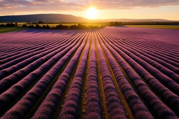 Fototapeta premium The setting sun casts a warm glow over a breathtaking field of lavender, with rolling hills on the horizon