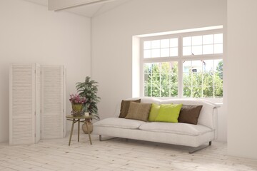White living room with sofa and summer landscape in window. Scandinavian interior design. 3D illustration