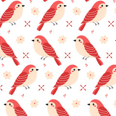 Spring birds. Seamless pattern of red birds and graphic elements. Pattern in flat style for background, fabric or packaging.