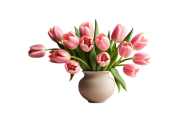 Bouquet of spring tulips pink and yellow in a white ceramic vase. Congratulations on Mother's Day, Easter, March 8