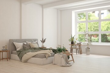 White bedroom concept. Scandinavian interior design. 3D illustration