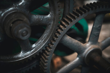 Close-up old industrial gear wheels., industry parts concept.