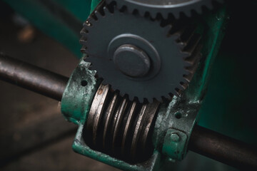 Close-up old industrial gear wheels., industry parts concept.