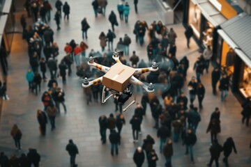 Smart package Drone Delivery crop monitoring. Box shipping land surveying drone parcel drone corridors transportation. Logistic tech smart home apps mobility garden automation controller