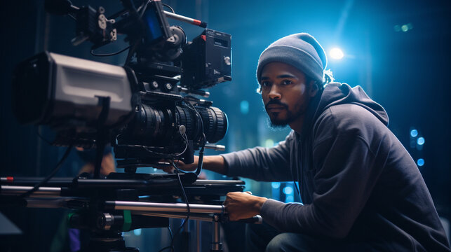 
Skilled black filmmaker expertly framing a shot with a professional camera in a dimly lit studio, crew members collaborating in the background, highlighting professionalism