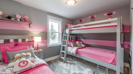 Mini bedroom interior design with bunk beds for girls , pink themed, well lighted