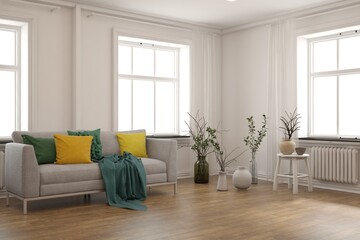 White living room with sofa. Scandinavian interior design. 3D illustration