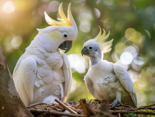 Two cockatoos in a nest. Mother and a chick.