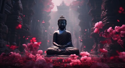 buddha in a forest of pink flowers