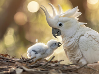 An affectionate moment between a white cockatoo and its fluffy chick in soft light.