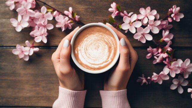 Close-up of a woman's hands with a cappuccino or cocoa mug. An atmospheric image of flowers and a hot drink. Comfort and coziness. Femininity and tenderness.