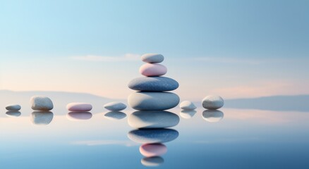 an arrangement of stones is arranged in front of a mirror