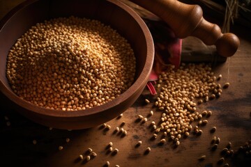 Close up of a bowl of uncooked barley grains on a wooden table, evoking a rustic atmosphere