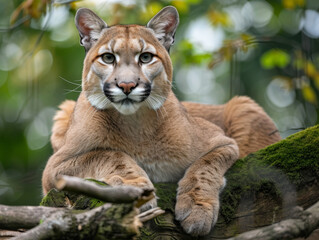 Obraz premium Majestic cougar lounging on a mossy branch, gazing intently.