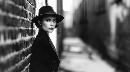 retro black and white photograph of a european female spy dressed in a black cloak with a black hat