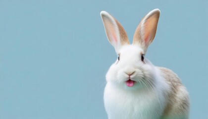 Obraz premium Adorable white and tan rabbit with a playful expression on a soft blue background.