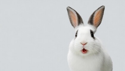 Obraz premium A white and brown rabbit with a joyful expression isolated on a light background.