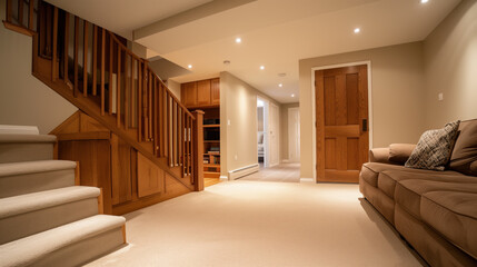 Modern Home Interior with Cozy Living Space and Wooden Staircase.