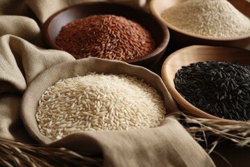 A rich composition featuring a diverse collection of rice grains in wooden bowls, from white and...