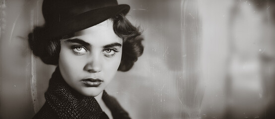 black and white retro photograph of a woman in the prohibition era with an intense look in her eyes - 740949644