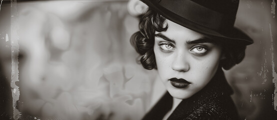 black and white retro photograph of a woman in the prohibition era with an intense look in her eyes - 740949667
