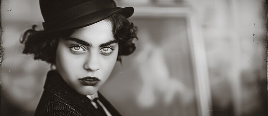 black and white retro photograph of a woman in the prohibition era with an intense look in her eyes - 740949810