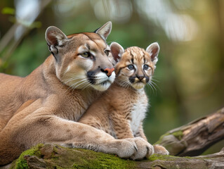 Cougar mother and cub share a bonding moment on a moss-covered branch.