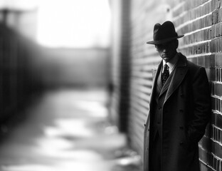 a prohibition-era gangster in a dark alley way wearing a trench coat and a fedora hat with shadows covering his face - 740949820