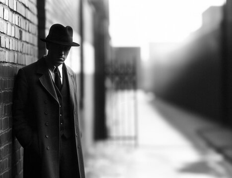 a prohibition-era gangster in a dark alley way wearing a trench coat and a fedora hat with shadows covering his face