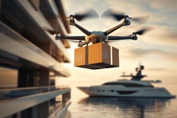 Smart package Drone Delivery drone delivery effectiveness. Box shipping freight drones parcel gift delivery transportation. Logistic tech urbanization risks mobility parcel delivery rates