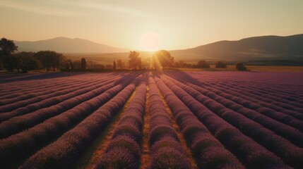 Glow of sunset bathes a stunning landscape of lavender fields, creating a dreamlike vista against a backdrop of distant mountains