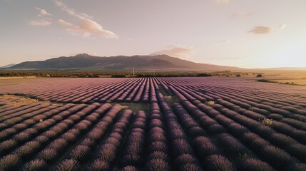 Glow of sunset bathes a stunning landscape of lavender fields, creating a dreamlike vista against a...