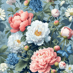 Vintage Beautiful Peonies And Wild Flowers Seamless Pattern Print Design-01.20 - 740950094