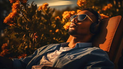 Young man listening to music in the garden on a sunny day.