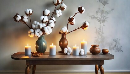 cotton in vase with candles on table