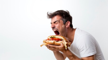 Hungry man attacks big juicy burger
