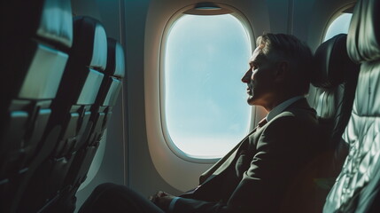 Middle aged man in aircraft cabin during his business travel