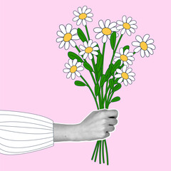 A woman's hand with a halftone effect holds a bouquet of blooming daisies. Modern vector illustration in retro collage style.